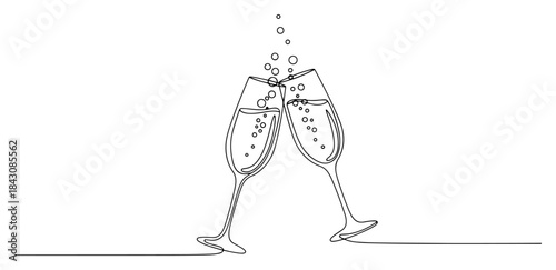 Continuous line drawing of two clinking champagne glasses with bubbles for celebration