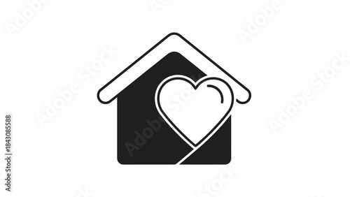 Black house icon with a white heart symbol overlay on white background home love