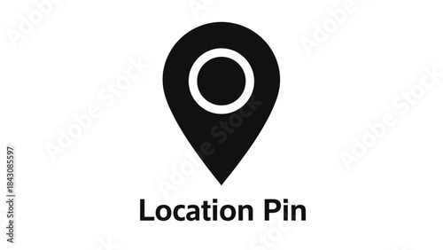 Black location pin icon with circle inside and text " Location Pin" on white background map marker navigation