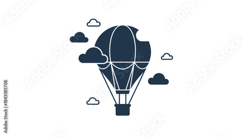 Dark blue silhouette of a hot air balloon with clouds against a white background vector illustration