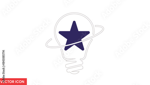 Dark blue star inside a light bulb outline with orbiting lines on white background abstract bright