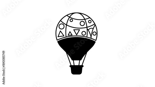 Hot Air Balloon with Geometric Shapes and Globe Pattern on White Background Keywords: hot air balloon, airship, travel