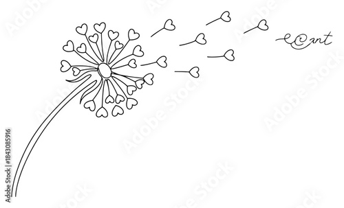 Dandelion flower with heart shaped seeds blowing in the wind