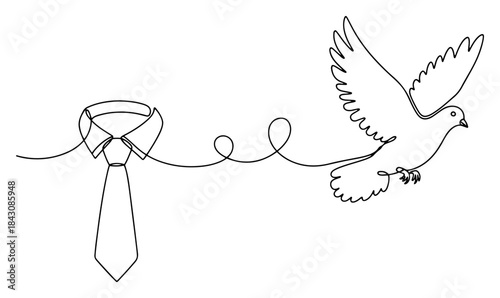 Necktie transforming into a flying dove bird representing freedom continuous line art