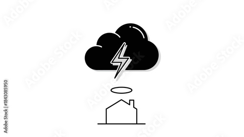 Storm cloud with lightning over a simple house outline on white background Keywords: storm, cloud, lightning, thunder, weather