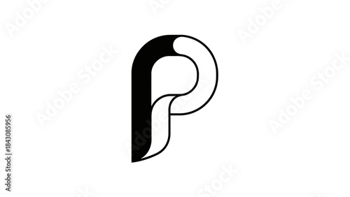 Stylized Black and White Letter P Logo with Flowing Lines alphabet initial