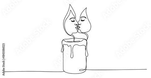 Burning candle with flame shaped like two kissing faces profile