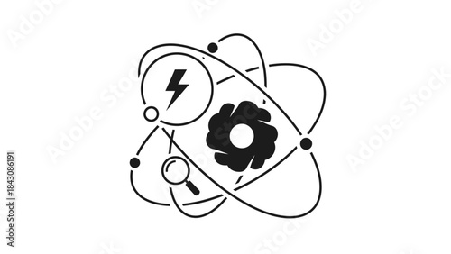 Abstract Icon Representing Science with Atom, Gear, Lightning Bolt and Magnifying Glass Keywords: science, atom, molecule