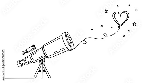 Continuous line drawing of a telescope looking at heart shaped stars