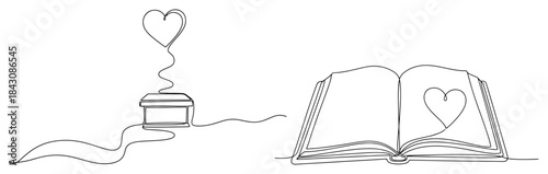 Continuous line drawing set of a gift box with a floating heart and an open love story book