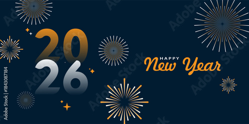2026 Happy new year celebration greeting card, sparkler font and firework isolated background