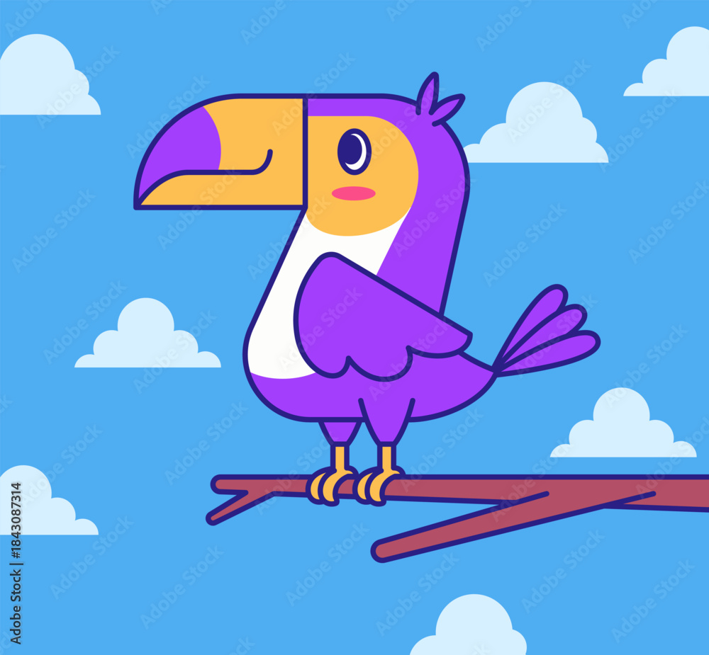 Fototapeta premium Toucan sitting on a tree branch against a blue sky with clouds. Bright colors and clean outlines make it perfect for kids designs, nature themes, and playful illustrations vector hand drawn style