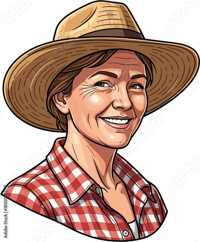 Female Farmer Vector Illustration, Smiling Agriculture Worker In Rural Outfit For Farming And Harvest Concept