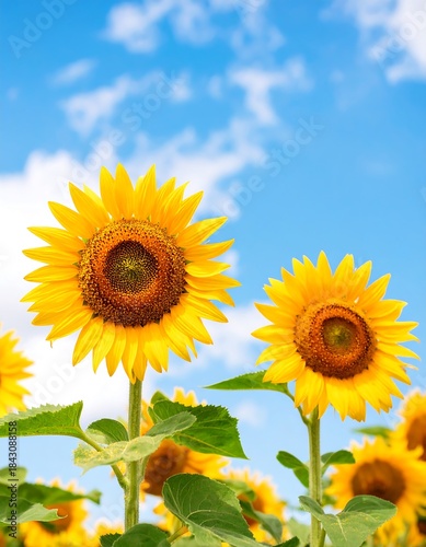 Two sunflowers against a bright sky