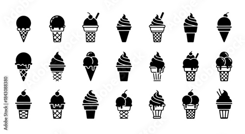 Small Compact Ice Cream Cone Vector Set V2, Simplified Black and White Dessert Illustration Collection for Food Graphics and Packaging