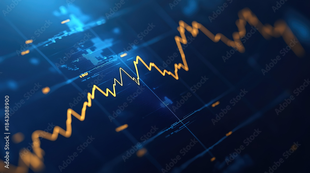 Obraz premium Clean U.S. stock market dashboard with rising index lines in blue and gold. Clear, modern, and perfect for investment ads or market updates.