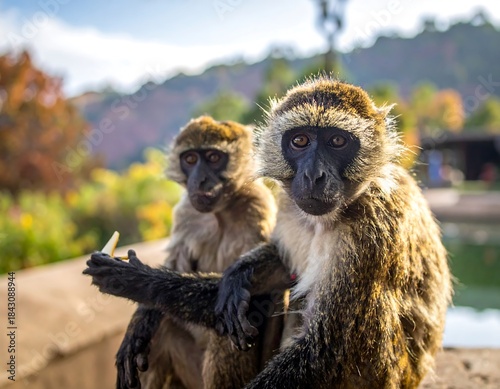 Two monkeys sit close together, looking at the camera. Autumn colors in the background