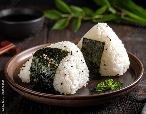 Two onigiri rice balls on a plate