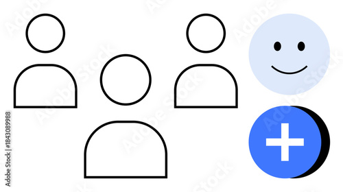 User interaction concept. User icons connecting people for collaboration and group management. User engagement highlighted with add icons for scalability. Useful for apps, networking, business