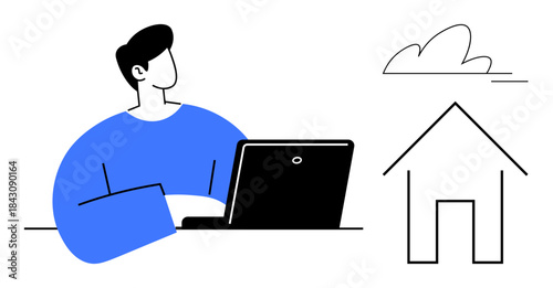 Remote work, home office, digital communication, freelancing, online business, technology. Person on laptop, house icon minimal design. Remote work and home office lifestyle