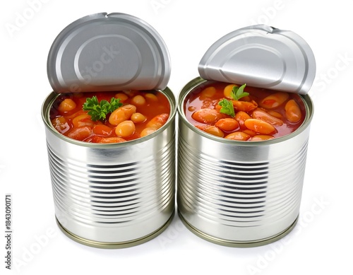 Two open tin cans of beans in tomato sauce