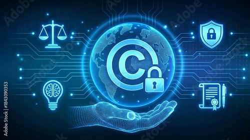 Copyright. Patents and intellectual property protection law and rights. Protect business ideas and headhunter concepts. Robotic hand touching digital interface. Vector illustration. ai