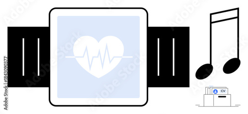 Wearable health tracker. The device shows a heartbeat display, health monitoring and functionality. Wearable health tracker integrates music and fitness. For healthcare, fitness apps, technology
