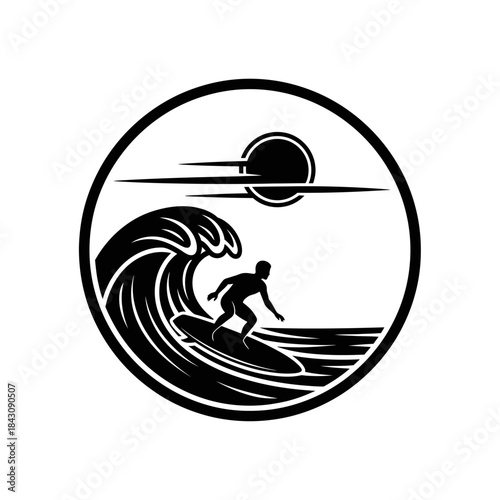 Surfer Riding Ocean Wave Silhouette in Circular Graphic Design