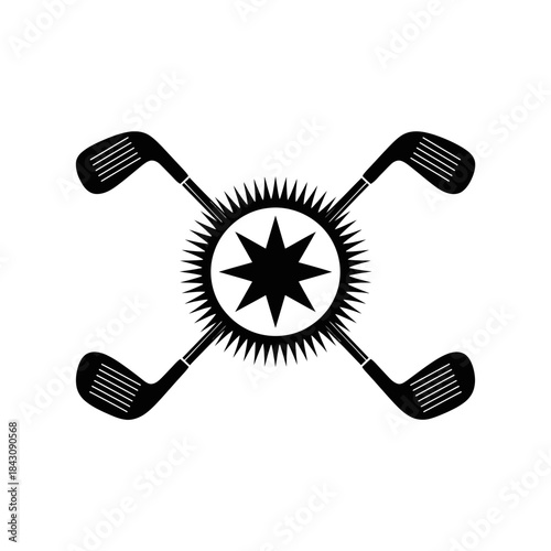 Golf clubs crossed emblem with starburst design.