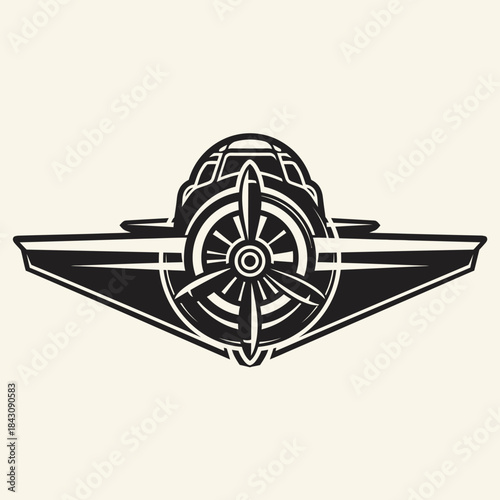 Vintage Airplane Emblem with Propeller and Wings. Retro Aviation Badge Design. Classic Aircraft Logo. Monochrome Vector Illustration.
