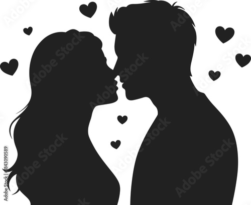 Romantic couple silhouette, black vector illustration, love and intimacy concept, heart shapes design, affectionate pose, relationship theme, Valentine’s Day artwork