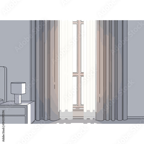 Minimalist bedroom interior with sunlit window, sheer and heavy curtains. Soft natural light, modern home design.