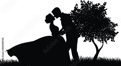 Romantic couple silhouette, black vector illustration, outdoor love scene, formal attire embrace, tree and grass design, timeless affection moment, wedding romance concept