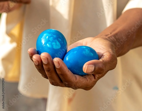 Two painted blue eggs held in a hand