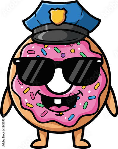 Funny Cartoon Donut Character Wearing Police Hat Vector