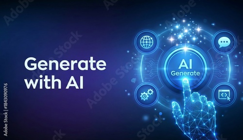 Generate with AI button. Artificial intelligence and Machine learning technology concept. AI enters by command prompt to generate ideas. Hand about to press a Generate AI button. Vector illustration.