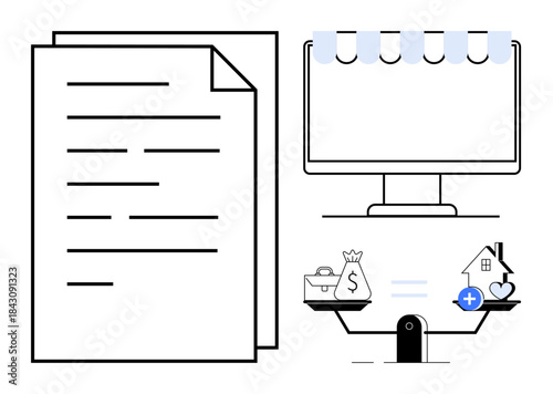 Financial planning. Balancing finance with savings, investments by scales, documents, and computer screen. Financial planning integrates life priorities. Great for budgeting, resource management