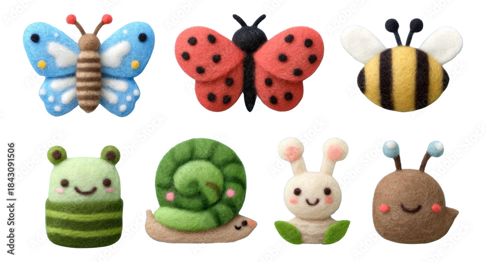 Obraz premium Felted Creature Decorations for Garden, Bug Theme, Isolated on Transparent Background