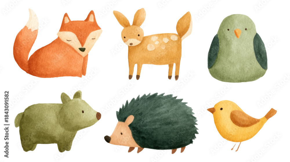 Naklejka premium Whimsical Watercolor Illustrations of Adorable Animals in Nature Setting