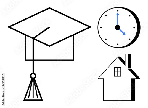 Remote learning, time management, online education, distance schooling, academic planning, home study. Graduation cap, clock and house icons in minimalist design. Remote learning and time management
