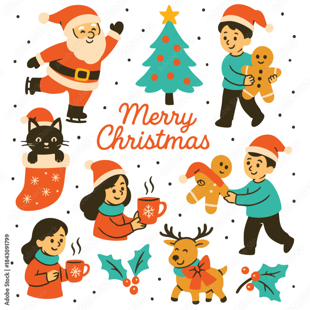 Fototapeta premium Merry Christmas illustration with family, cookie, tree, reindeer, cat