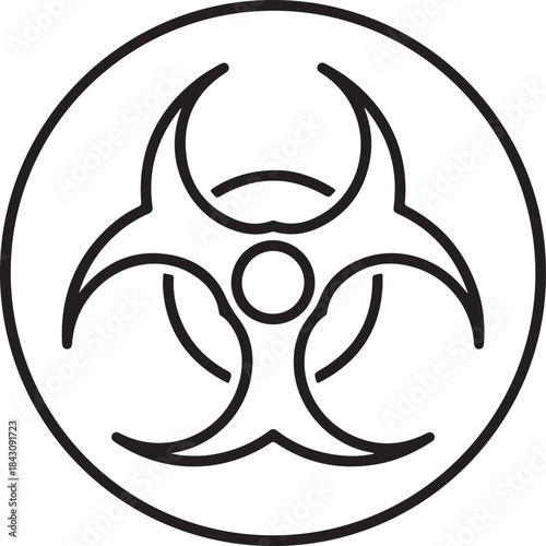 A stark black and white depiction of the international biohazard symbol inside a circular frame
