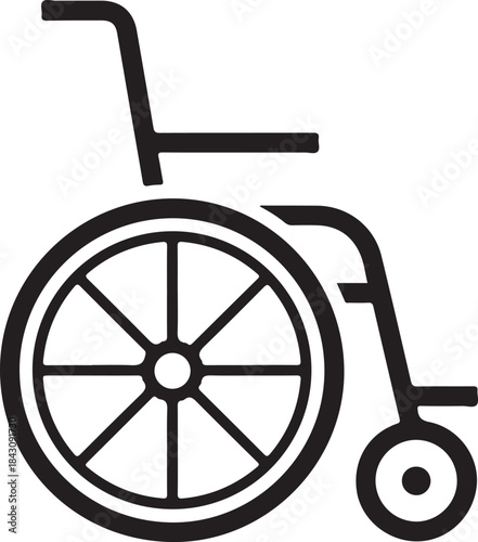A simple black and white icon depicting a manual wheelchair with large wheels and armrests