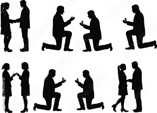 Romantic marriage proposal silhouette vector, man kneeling with ring, couple engagement moment, love celebration, black isolated illustration for design