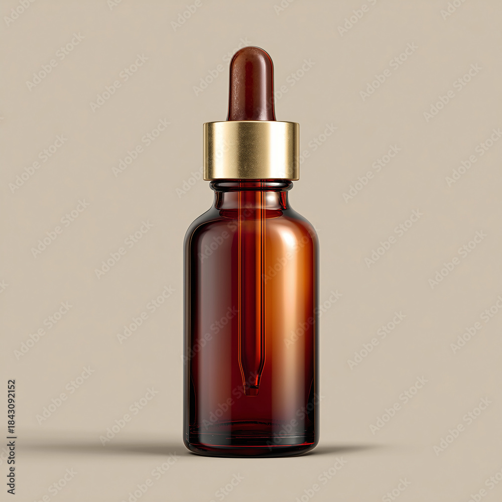 Fototapeta premium A minimalist amber glass dropper bottle with a golden cap on a plain background.