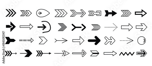 Arrow icon set, including multiple directional icons in outline and filled styles, designed on white background for digital interfaces, web design