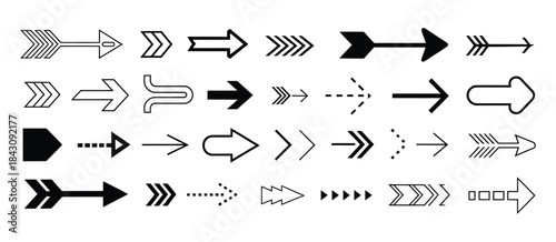 Arrow icon set, featuring various styles of outline and filled directional symbols, isolated on white background, ideal for navigation
