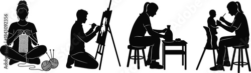 Artistic hobby silhouettes, vector illustration of knitting, painting, pottery, sculpting, creative crafts, handmade activities, black icons, human creativity, tools
