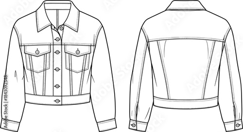 CAD drawing flat vector illustration, Cropped denim trucker jacket technical fashion drawing template with front and back view for apparel design and specifications.