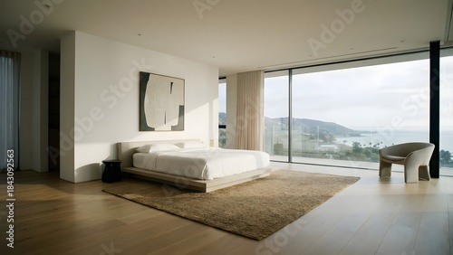 Modern Minimalist Living Room with Floor-to-Ceiling Windows.